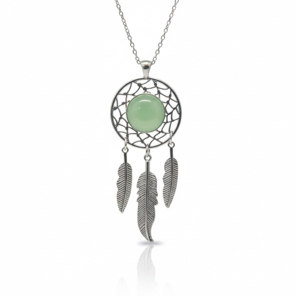 Dream Catcher Pendant Green Aventurine Crystal Necklace Stone and Feather Charms
